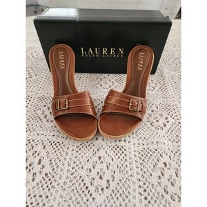 LRL Size 8.5 B Hattie Tan Genuine Leather Cork Platform High Open Toe Sa…